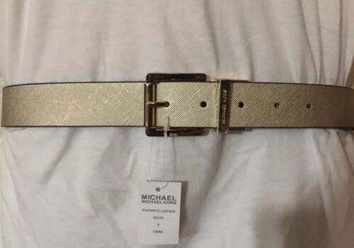 MICHAEL KORS BELT REVERSIBLE BROWN  MK LOGO TO TEXTURED GOLD WITH GOLD BUCKLE