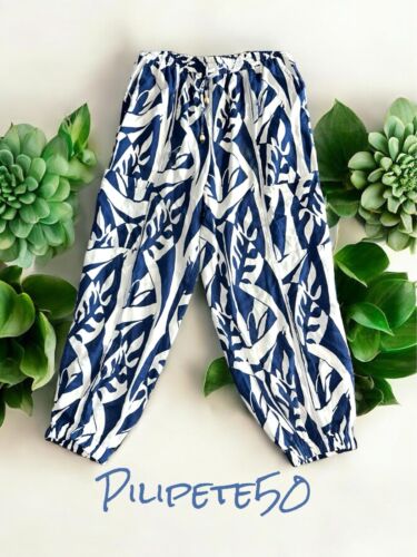 Rachel Zoe Balloon Tapered Legs Pants Geometric Blue & White~Linen/Rayon Blend