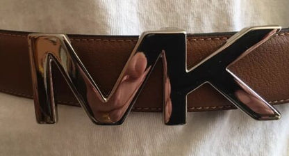 MICHAEL KORS BELT LUGGAGE BROWN MK LOGO BUCKLE SILVER SIZE 36 MSRP$48