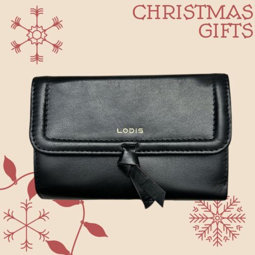 LODIS Ella Medium Flap Trifold Wallet~ Glaze Leather Genuine~ Black~UNIQUE