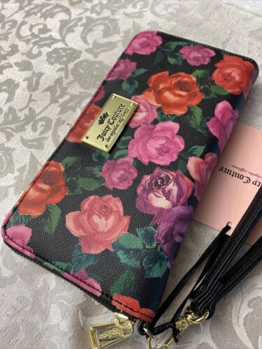 JUICY COUTURE Wallet- Wristlet Zip Around Black-Rose Print  Single Zip Large New