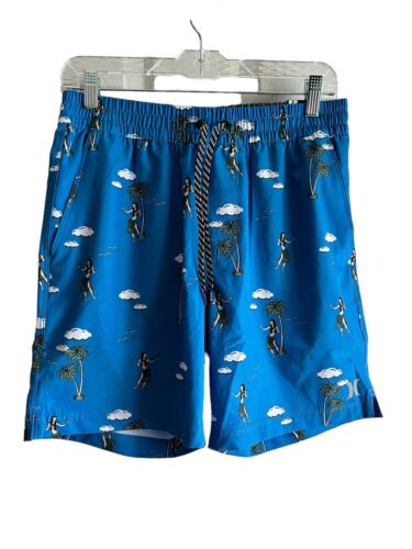 Hurley Swim Trunks Mens Size Small Hula Girl Hawaiian Dancer~Blue Multicolor~NEW