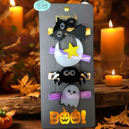 Piper K Halloween Glow in the Dark Hair Clips Black Cat Moon Spider Ghost NIP