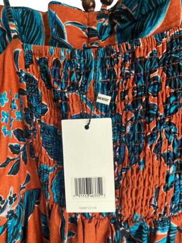 JASON WU Copper Turquoise Blue Floral Print Smocked Cut-Out Linen Midi Dress~ L