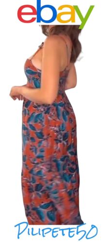 JASON WU Copper Turquoise Blue Floral Print Smocked Cut-Out Linen Midi Dress~ L