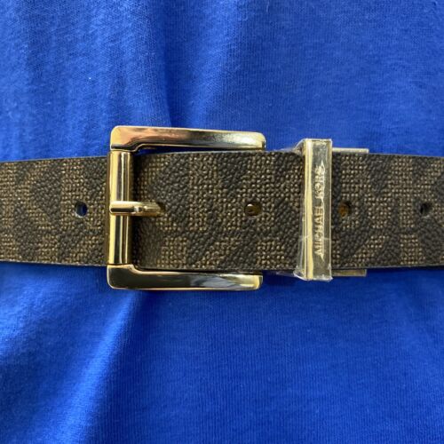 Michael Kors Belt Reversible Brown to Vanilla Large MK Logo Gold Buckle Large