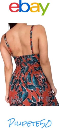 JASON WU Copper Turquoise Blue Floral Print Smocked Cut-Out Linen Midi Dress~ L