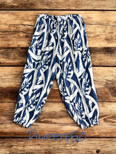 Rachel Zoe Balloon Tapered Legs Pants Geometric Blue & White~Linen/Rayon Blend