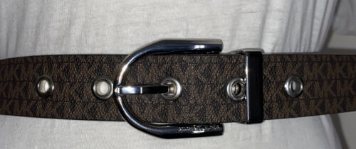 MICHAEL KORS BELT BLACK/BROWN REVERSIBLE MINI MK LOGO WITH SILVER BUCKLE