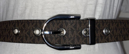 MICHAEL KORS BELT BLACK/BROWN REVERSIBLE MINI MK LOGO WITH SILVER BUCKLE