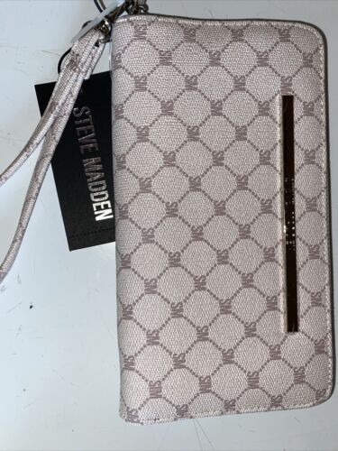 Steve Madden Wallet Beige&Bisque Printed SM Logo Zip Around Silver Hardware NEW