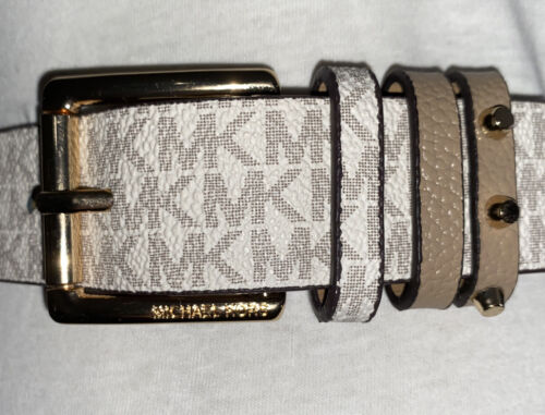 MICHAEL KORS BELT VANILLA MK LOGO WITH TRIPLE BELT LOOP WITH GOLD BUCKLE