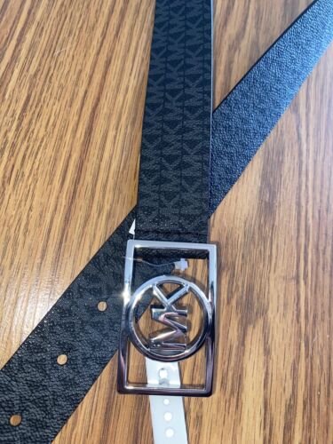 MICHAEL KORS BELT BLACK MK MINI LOGO SILVER MK RECTANGULAR CIRCLE BUCKLE RARE!!