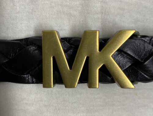 MICHAEL KORS BELT BLACK LEATHER WEAVE SUPER RARE MK LOGO BUCKLE SKINNY