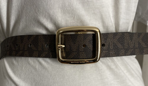 MICHAEL KORS BELT REVERSIBLE CHOCOLATE/VANILLA MK LOGO PRINT GOLD OVAL BUCKLE