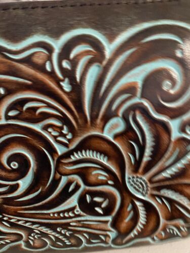 PATRICIA NASH~CASSINI~Leather Wristlet Turquoise TOOLED ~Style P87113~REAR FIND