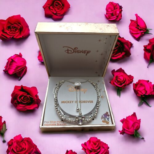 Disney Fine Silver Plated Mickey Mouse Bolo Bracelet Rhinestone Face &Ears NIB