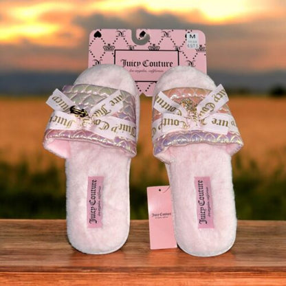 Juicy Couture Pink Faux Fur Slippers~JC-Hasen 3~Size M~Pink/Gold Logo~W105461W