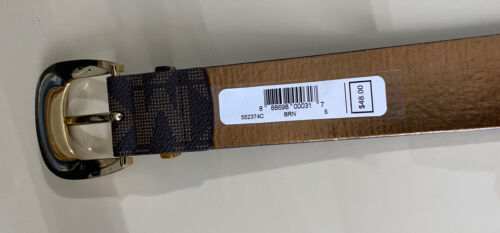 MICHAEL KORS BELT BROWN MK LOGO PRINT WITH GOLD BUCKLE WITH STUDDED LOOP "RETRO"