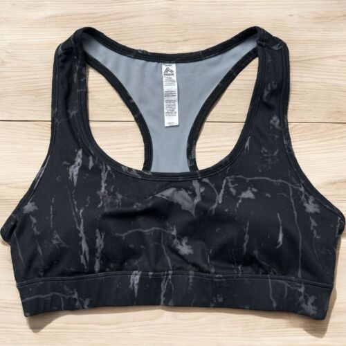 RBX  WOMEN’S SPORTS BRA RACERBACK BLACK & GRAY CAMO, REMOVABLE PADS~PULLOVER~NEW