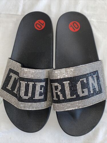 True Religion Jasmine Bling Silver Black Slides Slippers NEW- SIZE 10 WOMEN