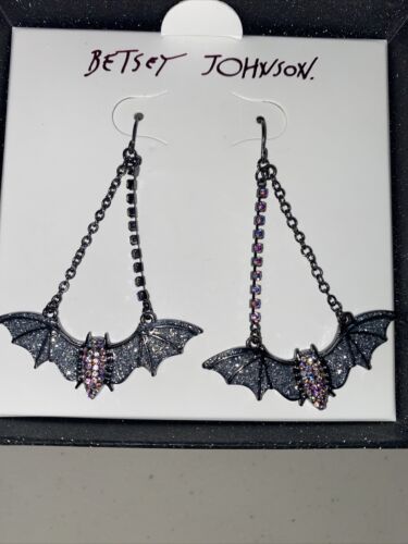 Betsey Johnson Dangling Bat Earrings - Silver Crystals and Rhinestones NIB