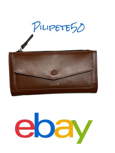 LODIS Long Slim Bifold Wallet Cognac Brown Leather  4''x 7.5'' Card Case~UNIQUE