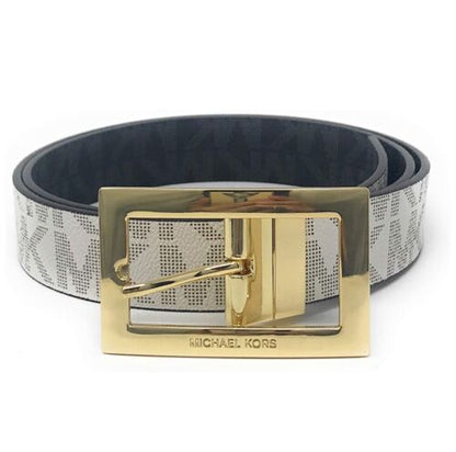 MICHAEL KORS BELT VANILLA/BLACK MK LOGO GOLD RECTANGULAR BUCKLE   MSRP $48