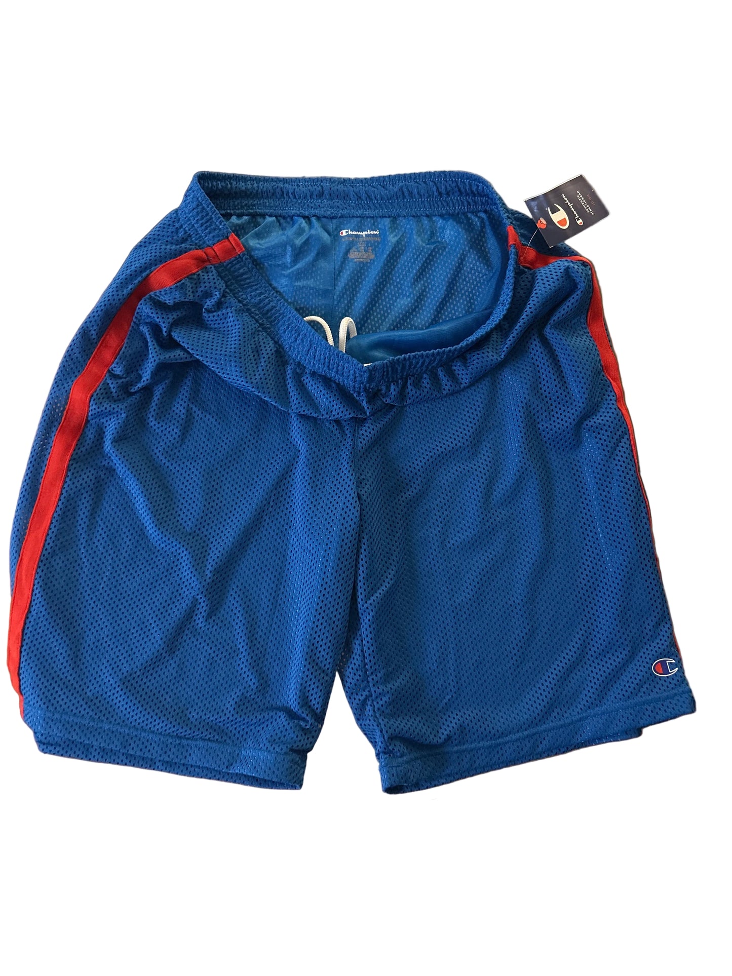 Champion Authentic Athleticwear Mesh Shorts - Light Blue with Solid Red Ribbon and C Champion Logo on Leg