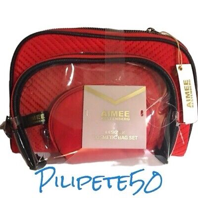 Aimee Kestenberg CHELSEA RED CHEVRON 3-Piece NICKEL Silver Zipper Cosmetic Bag
