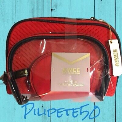 Aimee Kestenberg CHELSEA RED CHEVRON 3-Piece NICKEL Silver Zipper Cosmetic Bag