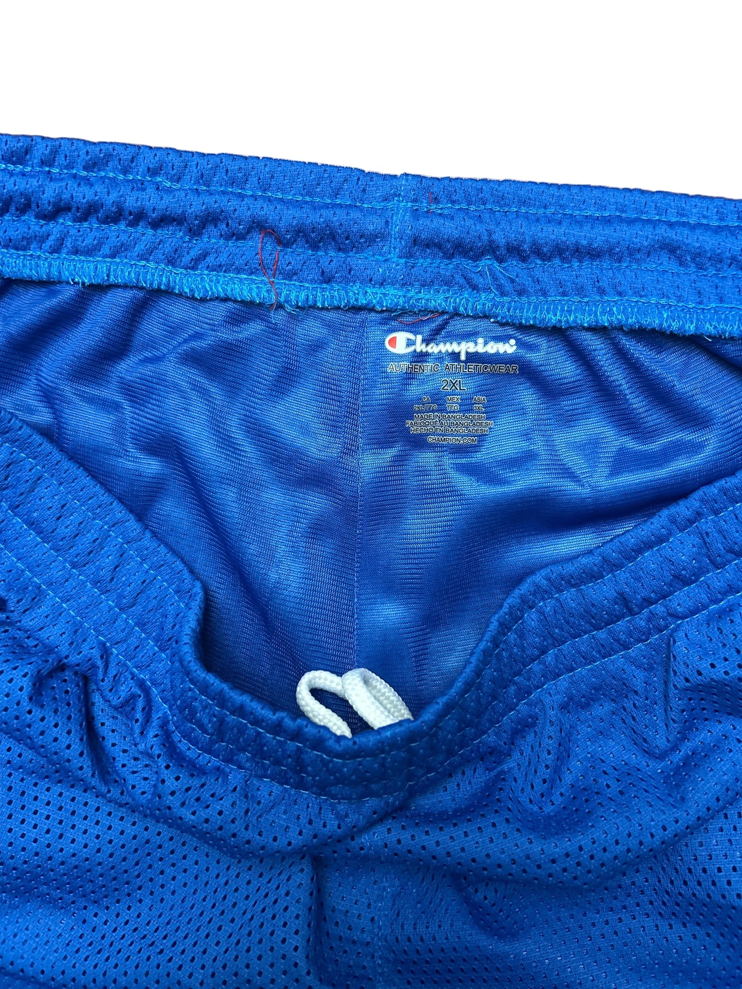 Champion Authentic Athleticwear Mesh Shorts - Light Blue with Red Ribbon and C Champion Logo