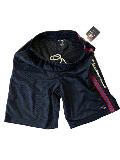 Champion Authentic Athleticwear Mesh Shorts - Blue with CHAMPION on Sides and Red-Blue-Red Ribbon