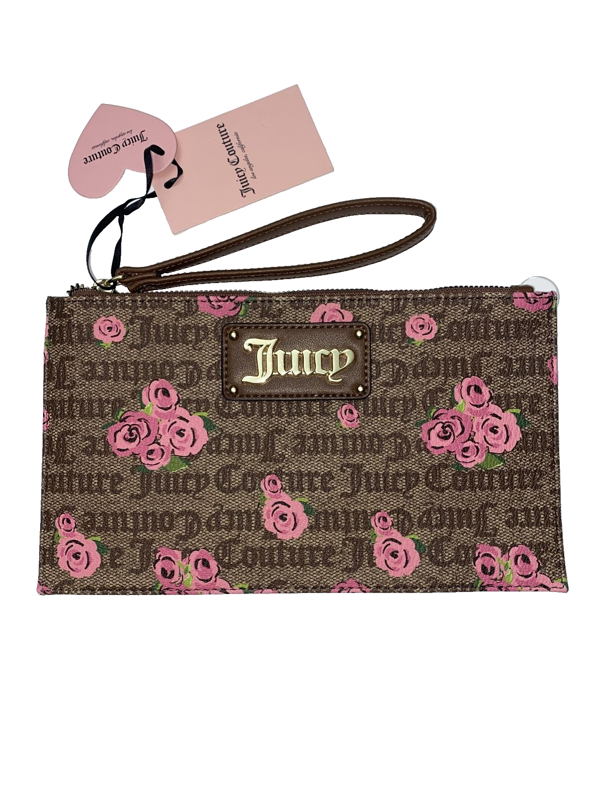 Juicy Couture~Wristlet Wallet Pink Bloom Brown FURGET Me Not~Gothic Logo~CUTE