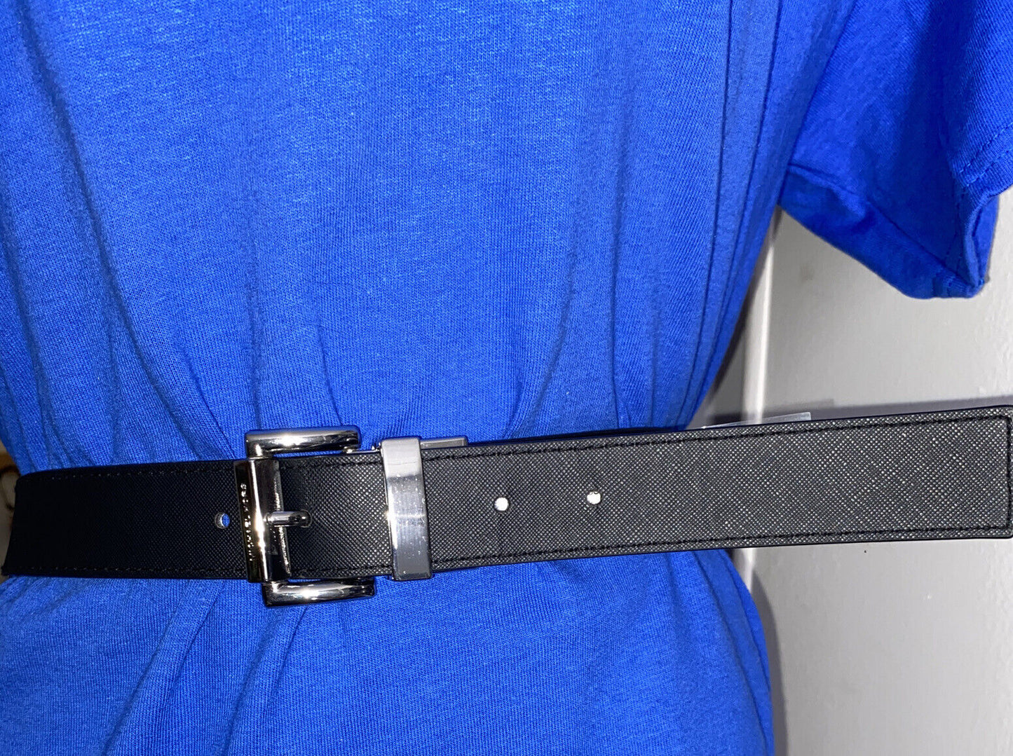 MICHAEL KORS BELT BLACK TO BLACK MK LOGO TWIST REVSESIBLE SILVER BUCKLE MSRP $58