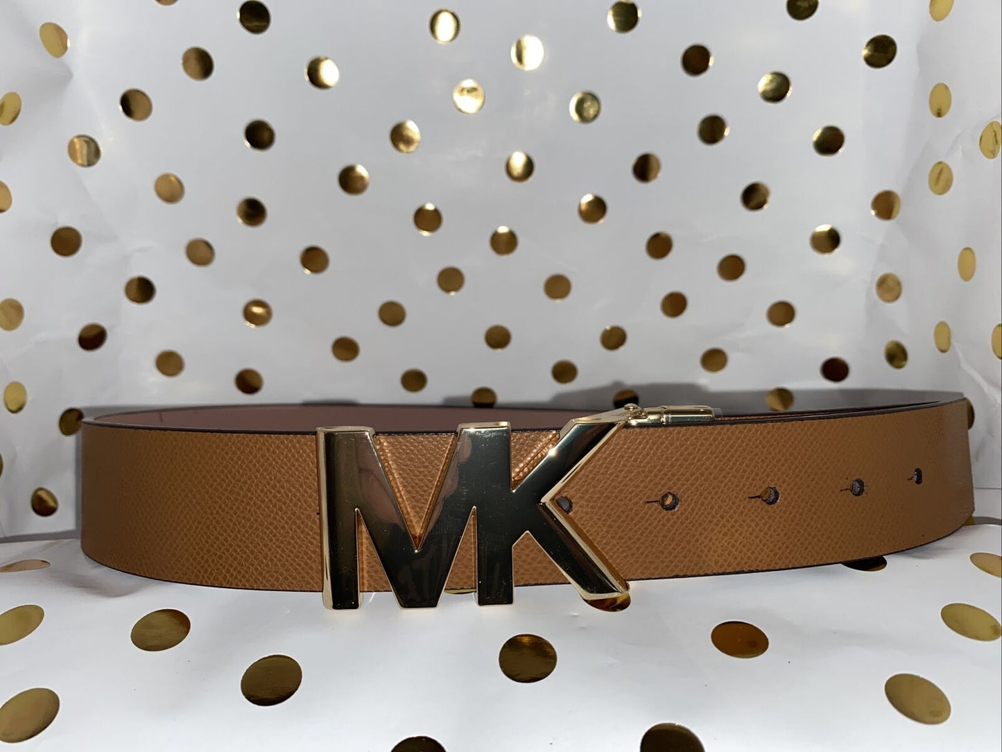 Michael Kors Belt Reversible Luggage/Pink Genuine Leather Gold MK Logo Buckle