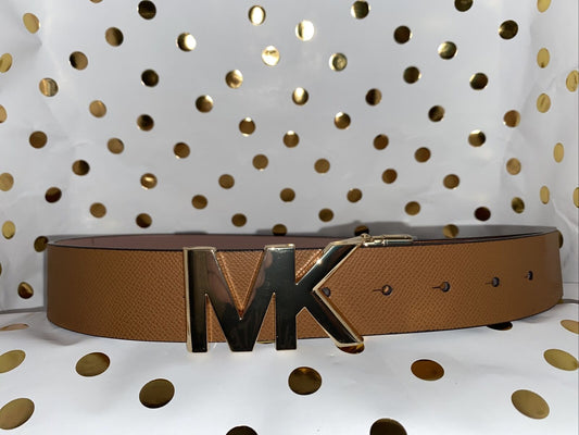 Michael Kors Belt Reversible Luggage/Pink Genuine Leather Gold MK Logo Buckle