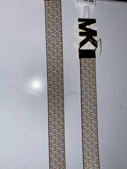 MICHAEL KORS BELT VANILLA/LUGGAGE XL PRINTED MK LOGO WITH GOLD MK LOGO BUCKLE