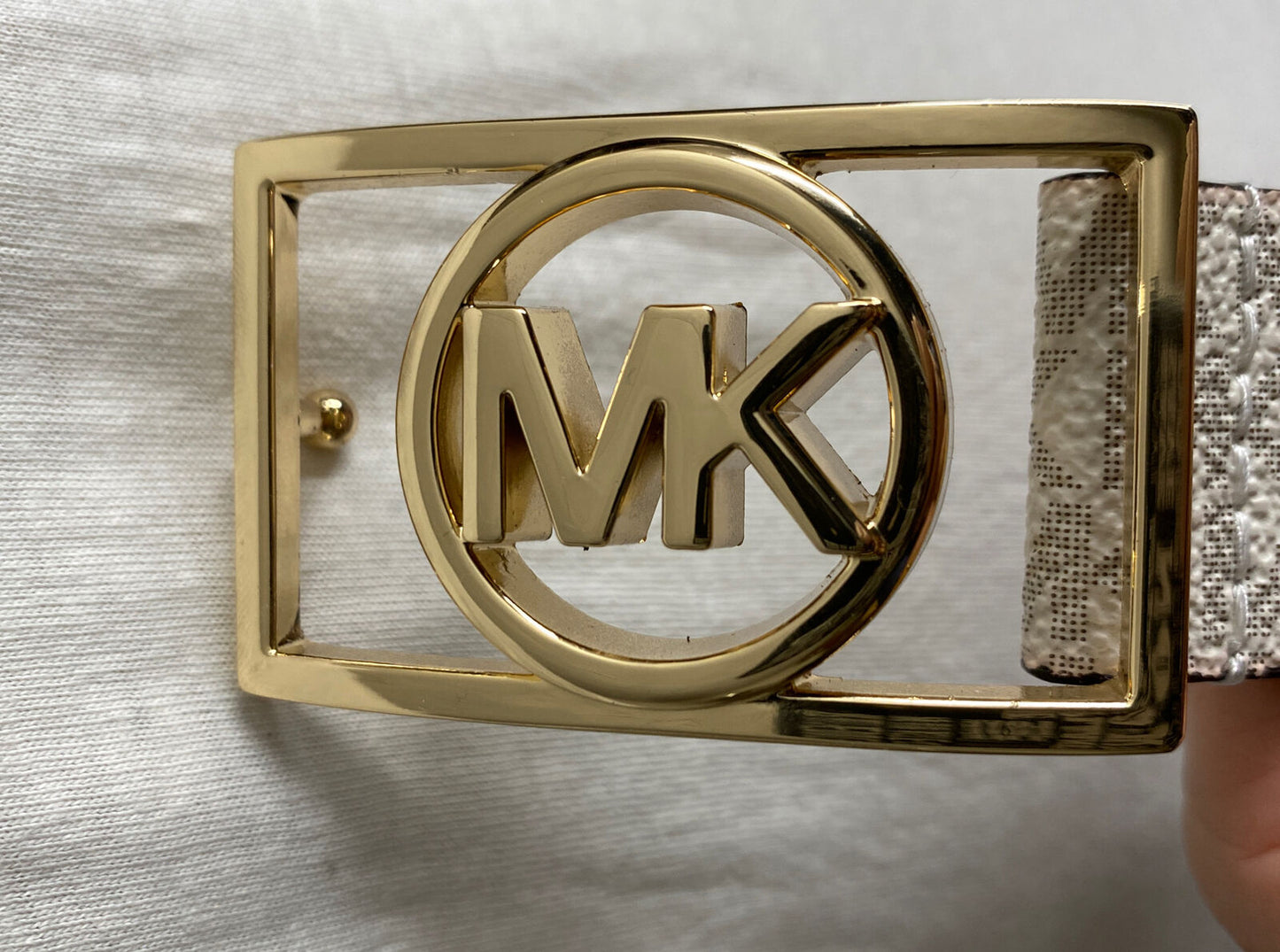 MICHAEL KORS BELT WHITE MK MINI LOGO GOLD MK RECTANGULAR CIRCLE BUCKLE RARE!!