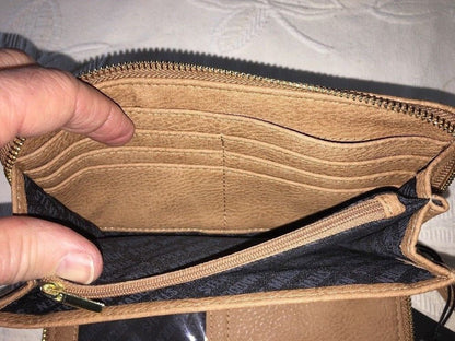 Steve Madden Wallet Camel Stamped Logo Gold Zipper Organizer Wristlet Ships Free