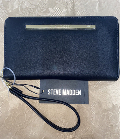 STEVE MADDEN WALLET WRISTLET BLACK WRAP AROUND LOGO SMOOTH TEXTURED