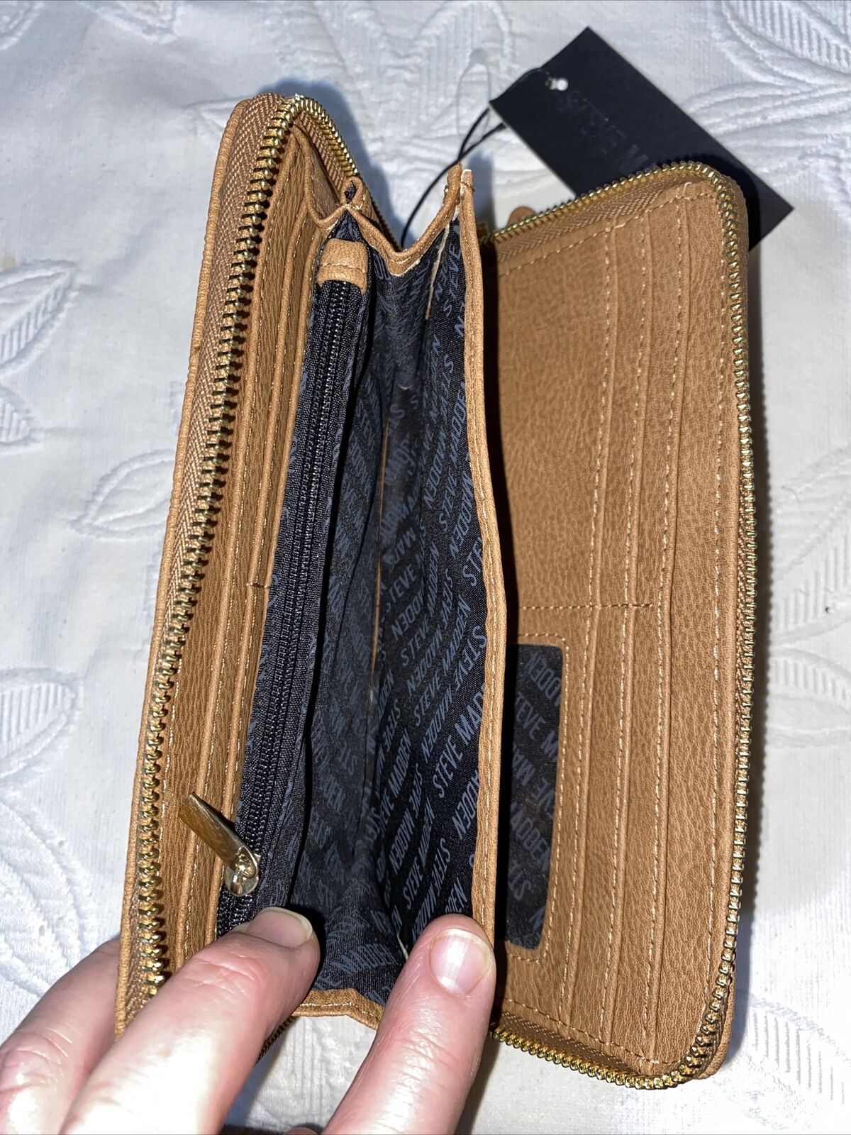 Steve Madden Wallet Wristlet Camel (tan) With Small Stamped Logo Gold Zipper