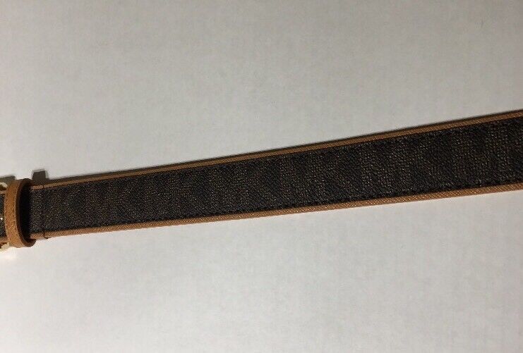 MICHAEL KORS BELT BROWN WITH TAN TRIM & BELT LOOP PRINTED MK LOGO GOLD BUCKLE
