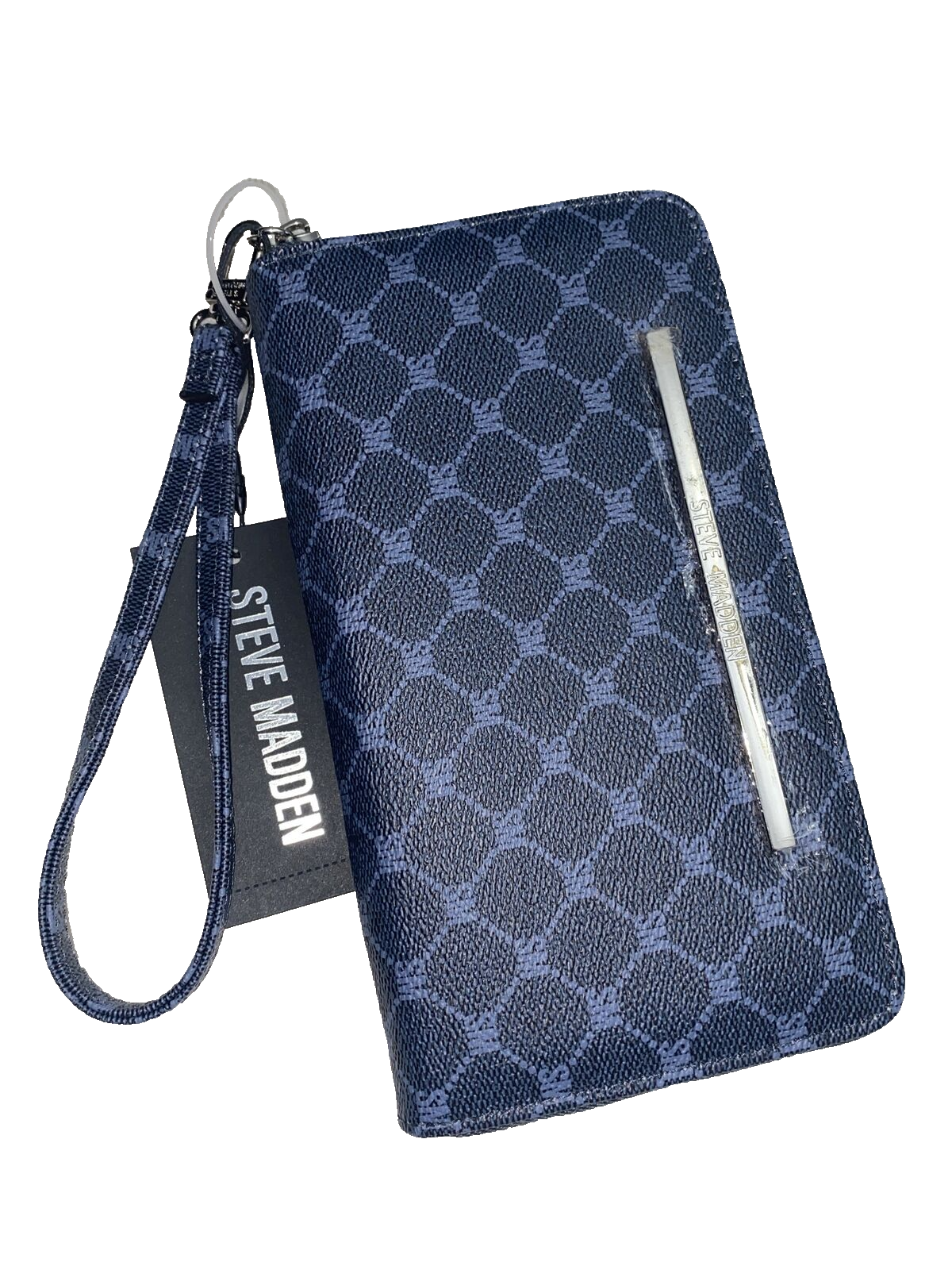 Steve Madden Wallet Navy&Blue Printed SM Logo Zip Around Silver Hardware NEW