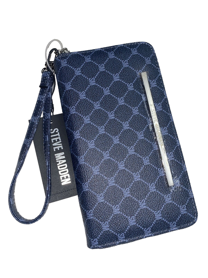 Steve Madden Wallet Navy&Blue Printed SM Logo Zip Around Silver Hardware NEW