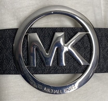 MICHAEL KORS BELT BLACK WITH MK PRINTED LOGO WITH MEDIUM SILVER MK CIRCLE BUCKLE