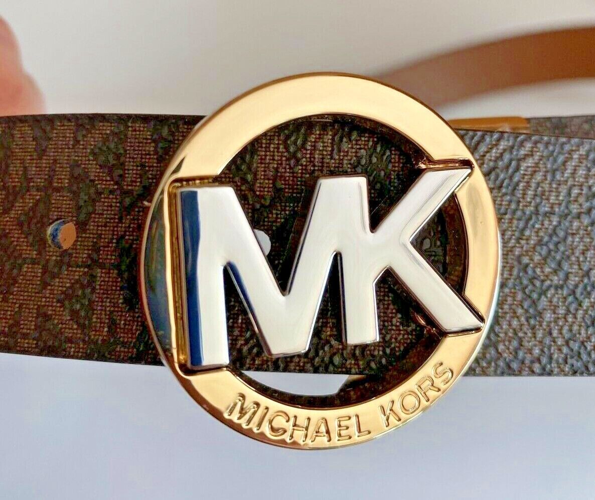 Michael Kors Belt Reversible Chocolate To Luggage Two-Tone MK Logo Buckle Nice!!