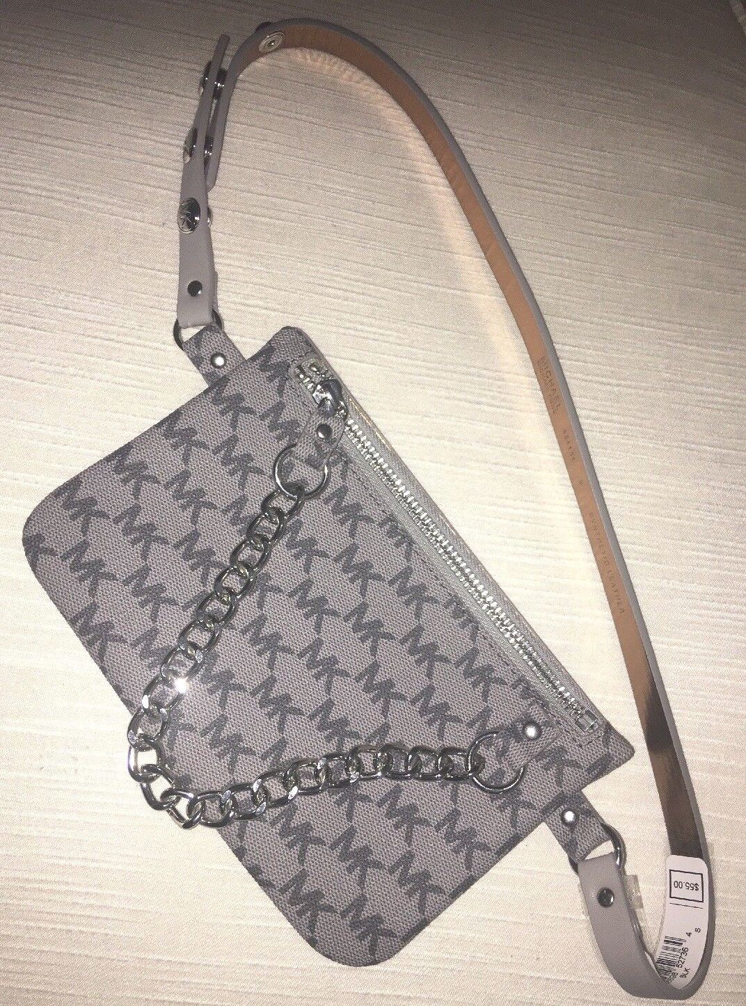 MICHAEL KORS Fanny Pack Belt Grey Multi MK Logo Silver Chain CLASSIC STYLE!!