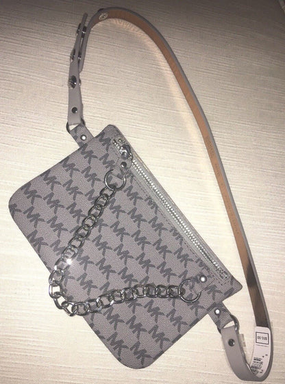MICHAEL KORS Fanny Pack Belt Grey Multi MK Logo Silver Chain CLASSIC STYLE!!