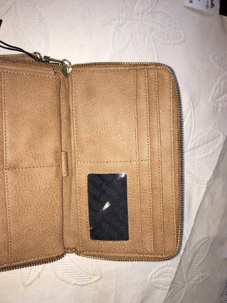 Steve Madden Wallet Camel Stamped Logo Gold Zipper Organizer Wristlet Ships Free